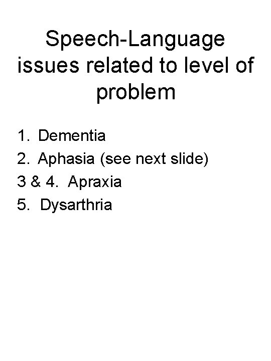 Speech-Language issues related to level of problem 1. Dementia 2. Aphasia (see next slide)