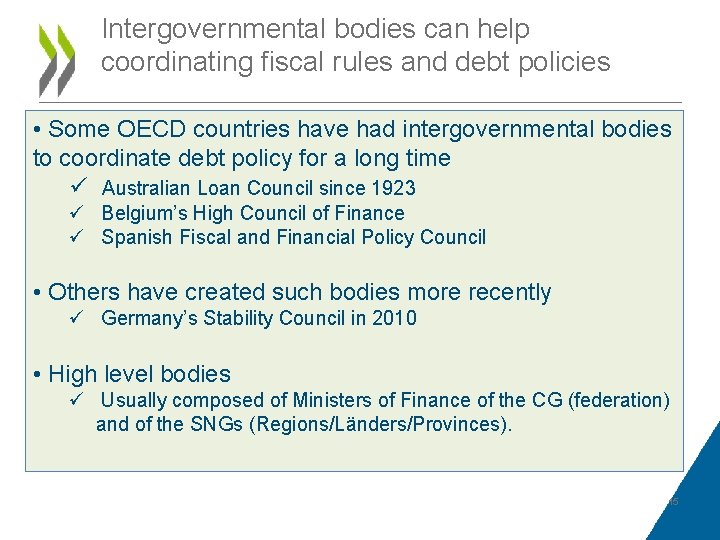 Intergovernmental bodies can help coordinating fiscal rules and debt policies • Some OECD countries