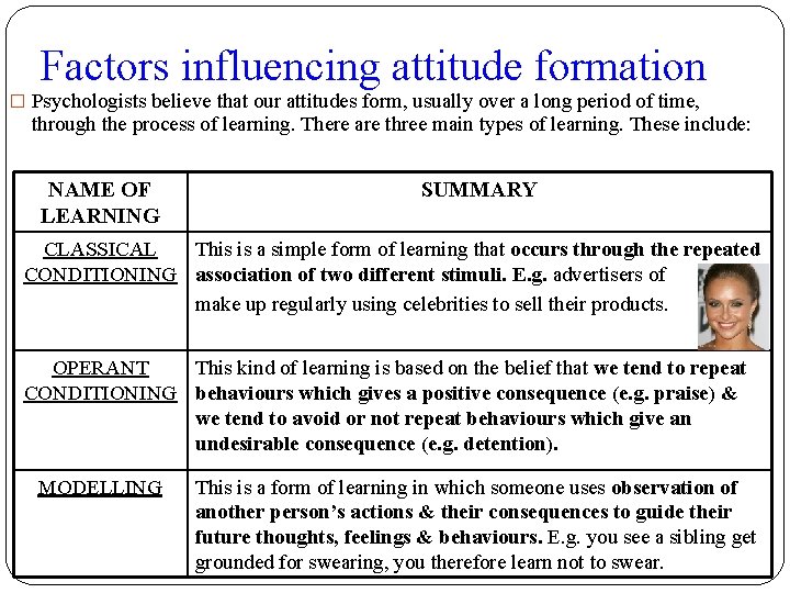 Factors influencing attitude formation � Psychologists believe that our attitudes form, usually over a