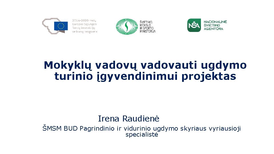 Mokyklų vadovauti ugdymo turinio įgyvendinimui projektas Irena Raudienė ŠMSM BUD Pagrindinio ir vidurinio ugdymo