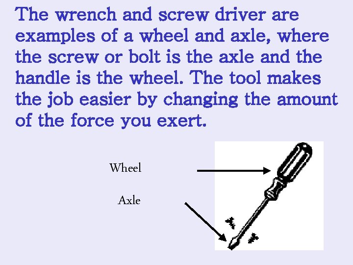 The wrench and screw driver are examples of a wheel and axle, where the