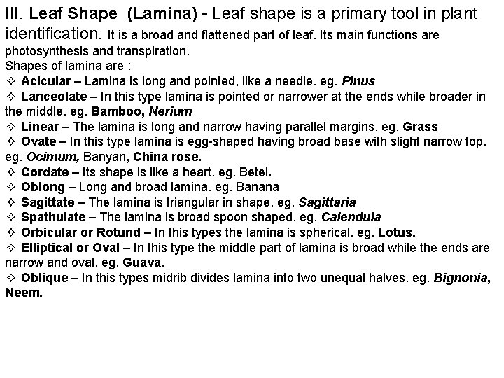 III. Leaf Shape (Lamina) - Leaf shape is a primary tool in plant identification.