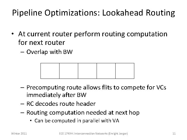 Pipeline Optimizations: Lookahead Routing • At current router perform routing computation for next router