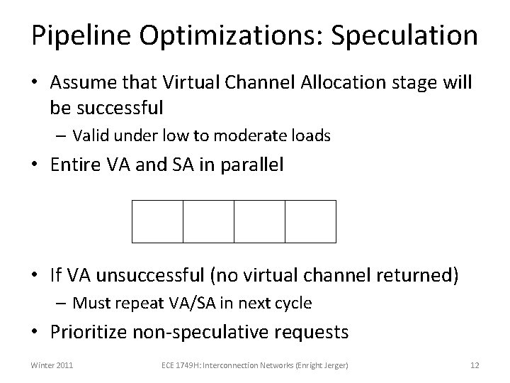 Pipeline Optimizations: Speculation • Assume that Virtual Channel Allocation stage will be successful –
