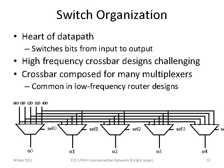 Switch Organization • Heart of datapath – Switches bits from input to output •