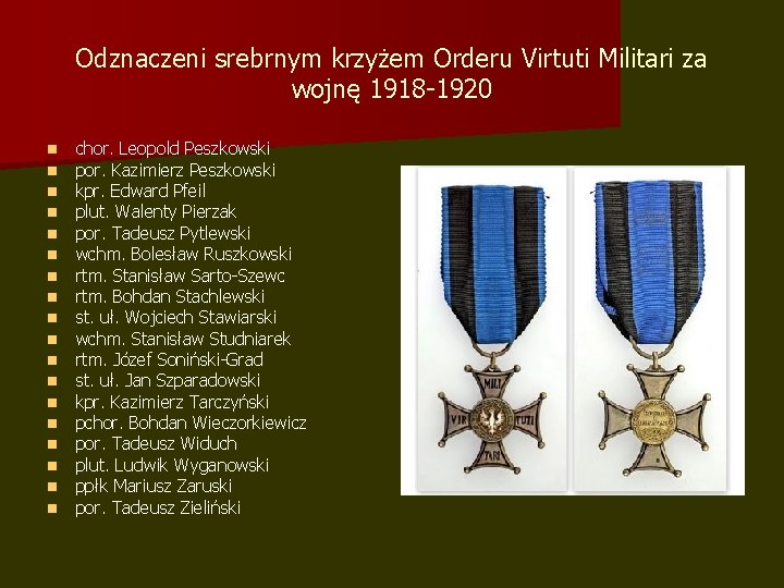 Odznaczeni srebrnym krzyżem Orderu Virtuti Militari za wojnę 1918 -1920 chor. Leopold Peszkowski por.