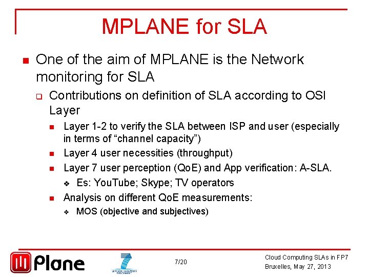 MPLANE for SLA n One of the aim of MPLANE is the Network monitoring