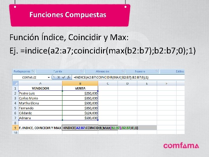 Funciones Compuestas Función Índice, Coincidir y Max: Ej. =indice(a 2: a 7; coincidir(max(b 2: