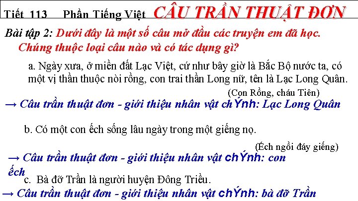 Tiết 113 Phần Tiếng Việt C U TRẦN THUẬT ĐƠN Bài tập 2: Dưới