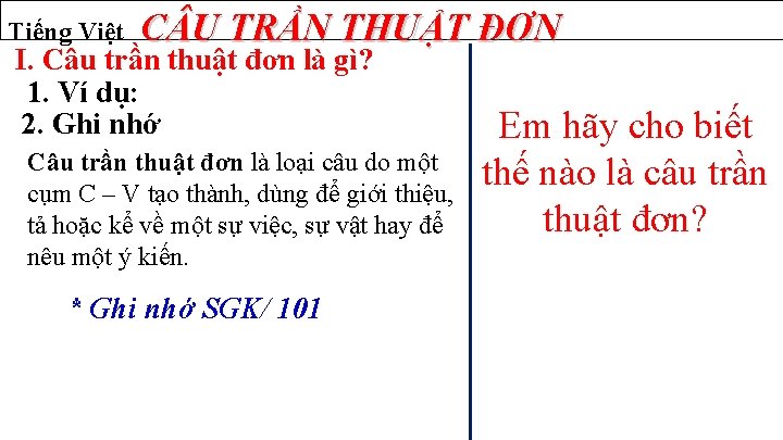 Tiếng Việt C U TRẦN THUẬT ĐƠN I. Câu trần thuật đơn là gì?