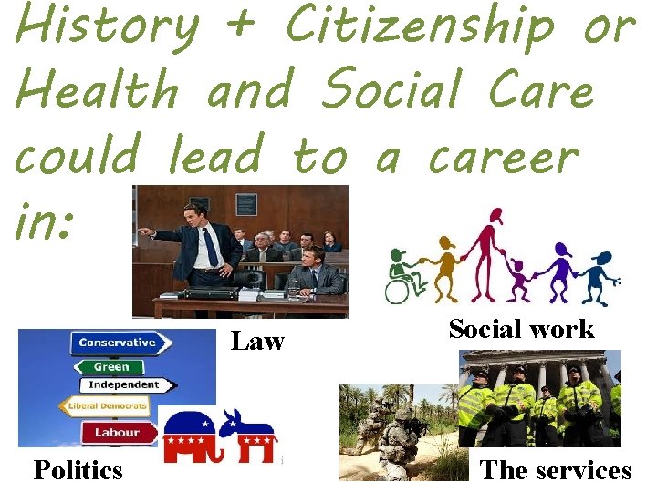 History + Citizenship or Health and Social Care could lead to a career in: