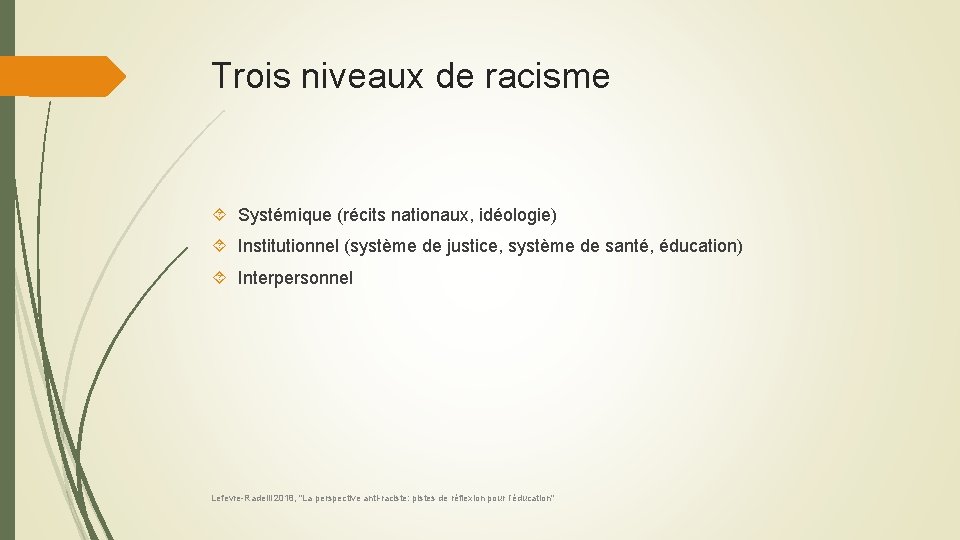 Trois niveaux de racisme Systémique (récits nationaux, idéologie) Institutionnel (système de justice, système de