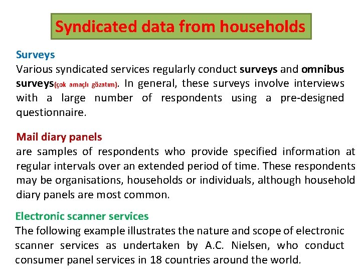 Syndicated data from households Surveys Various syndicated services regularly conduct surveys and omnibus surveys(çok