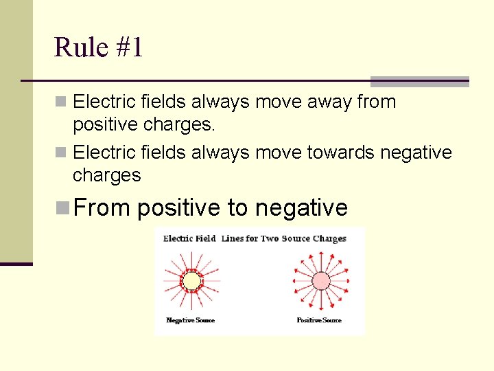 Rule #1 n Electric fields always move away from positive charges. n Electric fields