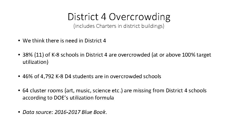 District 4 Overcrowding (includes Charters in district buildings) • We think there is need