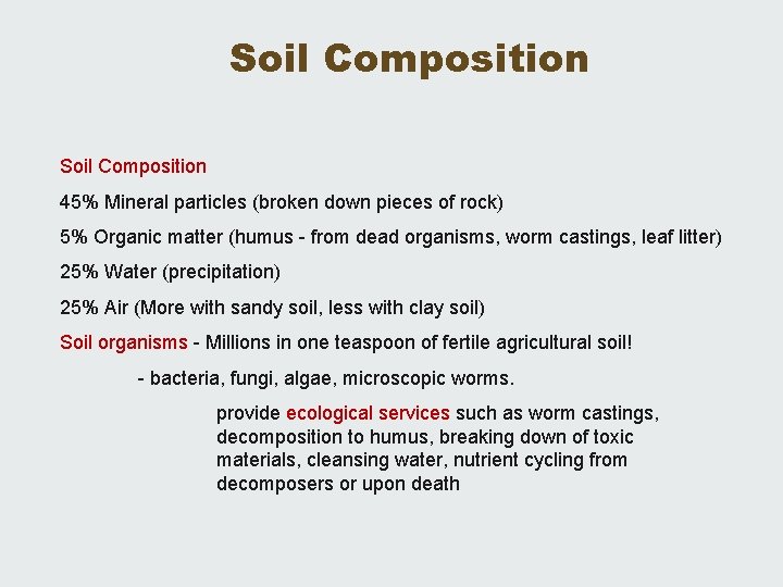Soil Composition 45% Mineral particles (broken down pieces of rock) 5% Organic matter (humus