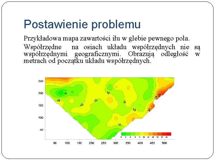 Postawienie problemu Przykładowa mapa zawartości iłu w glebie pewnego pola. Współrzędne na osiach układu