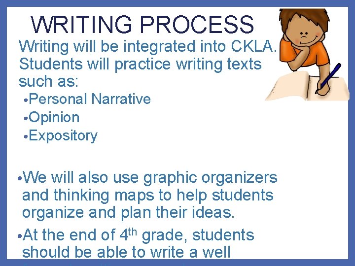 WRITING PROCESS Writing will be integrated into CKLA. Students will practice writing texts such