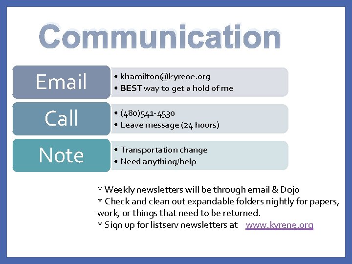 Communication Email Call Note • khamilton@kyrene. org • BEST way to get a hold