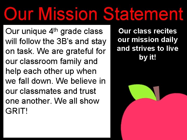 Our Mission Statement Our unique 4 th grade class will follow the 3 B’s