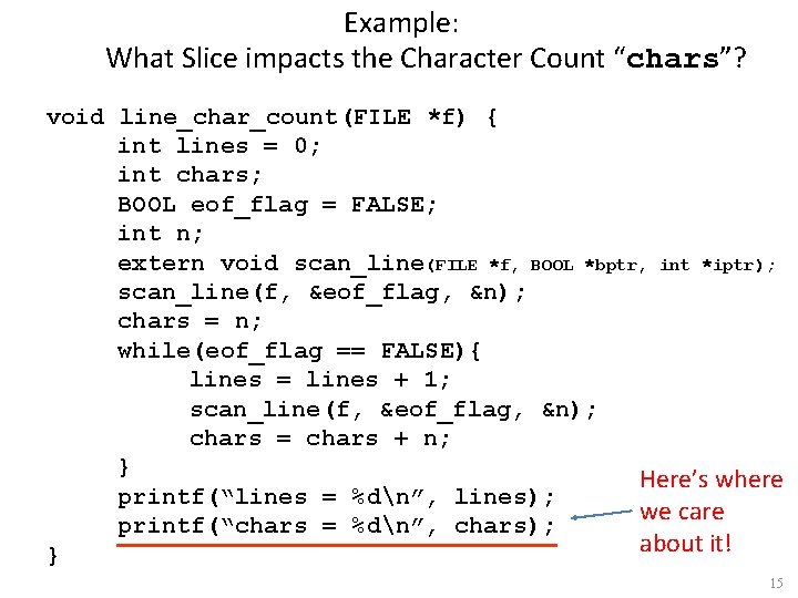 Example: What Slice impacts the Character Count “chars”? void line_char_count(FILE *f) { int lines