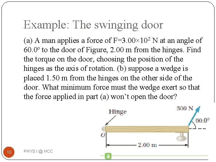 Example: The swinging door (a) A man applies a force of F=3. 00× 102