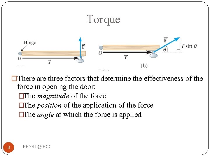 Torque �There are three factors that determine the effectiveness of the force in opening