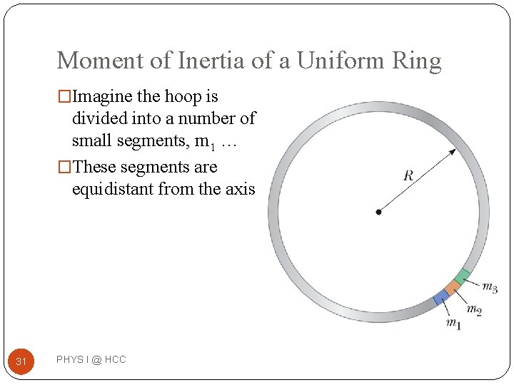 Moment of Inertia of a Uniform Ring �Imagine the hoop is divided into a