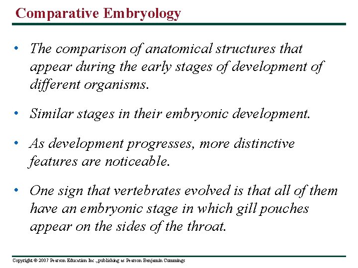 Comparative Embryology • The comparison of anatomical structures that appear during the early stages