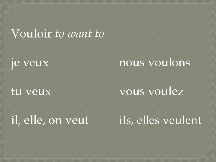 Vouloir to want to je veux nous voulons tu veux vous voulez il, elle,