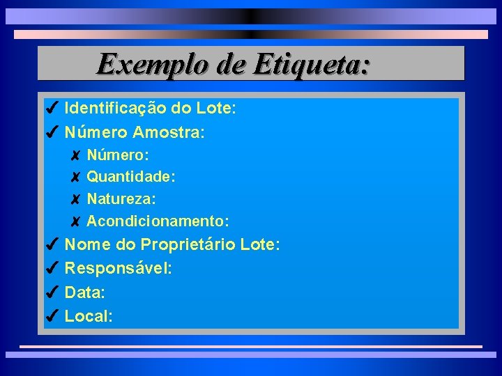 Exemplo de Etiqueta: 4 Identificação do Lote: 4 Número Amostra: 8 Número: 8 Quantidade: