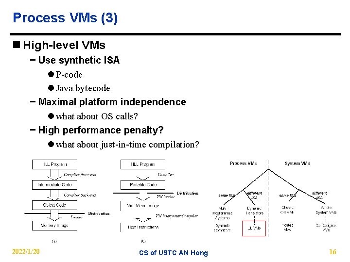 Process VMs (3) n High-level VMs − Use synthetic ISA l P-code l Java