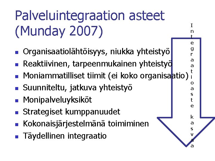 Palveluintegraation asteet (Munday 2007) n n n n Organisaatiolähtöisyys, niukka yhteistyö Reaktiivinen, tarpeenmukainen yhteistyö