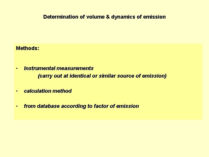 Determination of volume & dynamics of emission Methods: • Instrumental measurements (carry out at