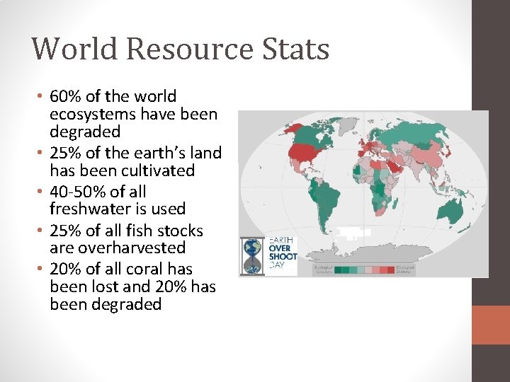 World Resource Stats • 60% of the world ecosystems have been degraded • 25%