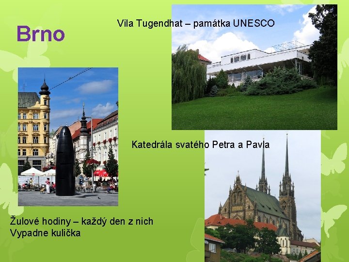 Brno Vila Tugendhat – památka UNESCO Katedrála svatého Petra a Pavla Žulové hodiny –