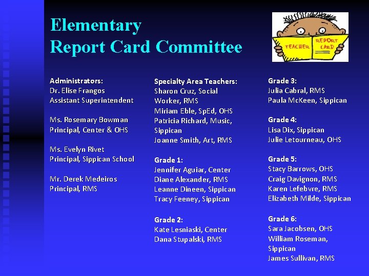 Elementary Report Card Committee Administrators: Dr. Elise Frangos Assistant Superintendent Ms. Rosemary Bowman Principal,