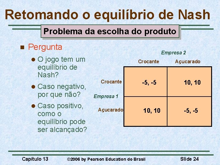 Retomando o equilíbrio de Nash Problema da escolha do produto n Pergunta l l