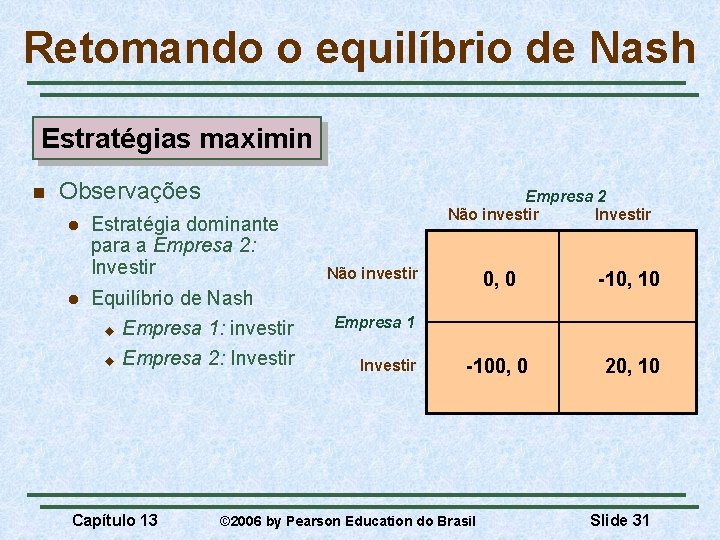 Retomando o equilíbrio de Nash Estratégias maximin n Observações l l Estratégia dominante para