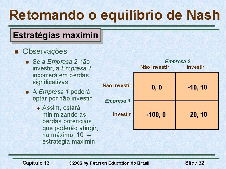 Retomando o equilíbrio de Nash Estratégias maximin n Observações l l Se a Empresa