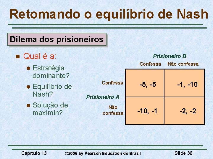 Retomando o equilíbrio de Nash Dilema dos prisioneiros n Qual é a: l l