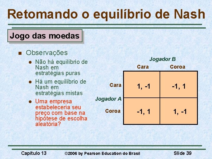 Retomando o equilíbrio de Nash Jogo das moedas n Observações Não há equilíbrio de