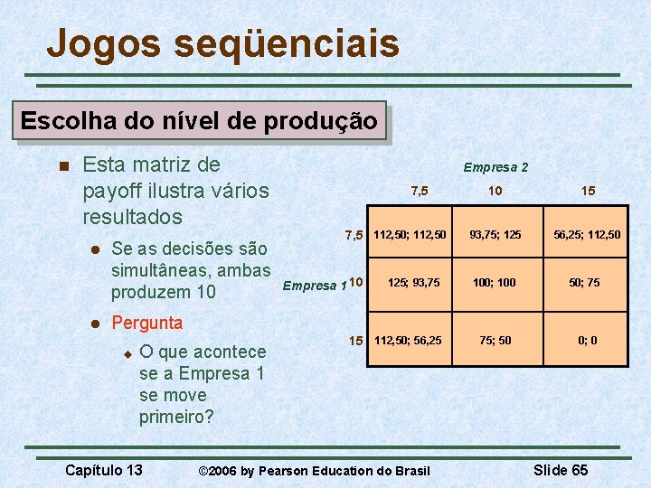 Jogos seqüenciais Escolha do nível de produção n Esta matriz de payoff ilustra vários