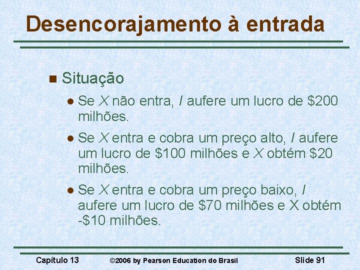 Desencorajamento à entrada n Situação l Se X não entra, I aufere um lucro