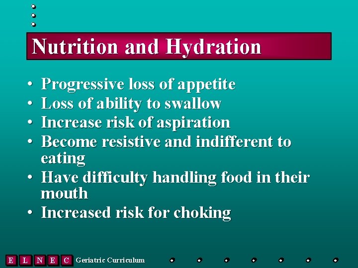 Nutrition and Hydration • • • E L Progressive loss of appetite Loss of