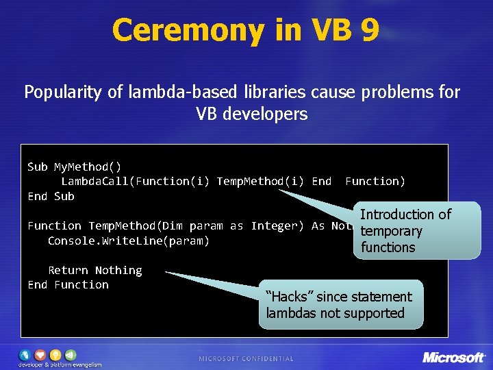 Ceremony in VB 9 Popularity of lambda-based libraries cause problems for VB developers Sub