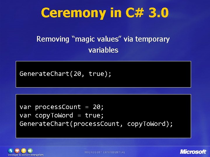 Ceremony in C# 3. 0 Removing “magic values” via temporary variables Generate. Chart(20, true);