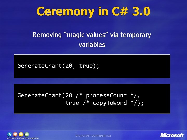 Ceremony in C# 3. 0 Removing “magic values” via temporary variables Generate. Chart(20, true);