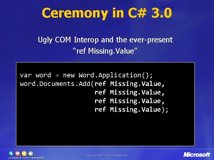 Ceremony in C# 3. 0 Ugly COM Interop and the ever-present “ref Missing. Value”