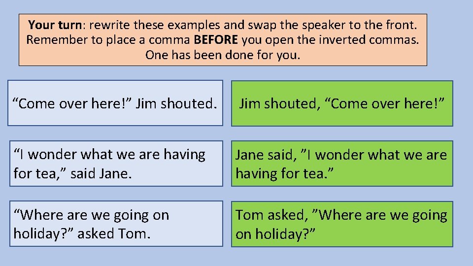 Your turn: rewrite these examples and swap the speaker to the front. Remember to